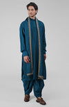 Teal Pintuck Pathani Kurta Salwar Set & Tilla Embroidered Dupatta