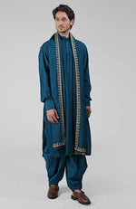 Teal Pintuck Pathani Kurta Salwar Set & Tilla Embroidered Dupatta