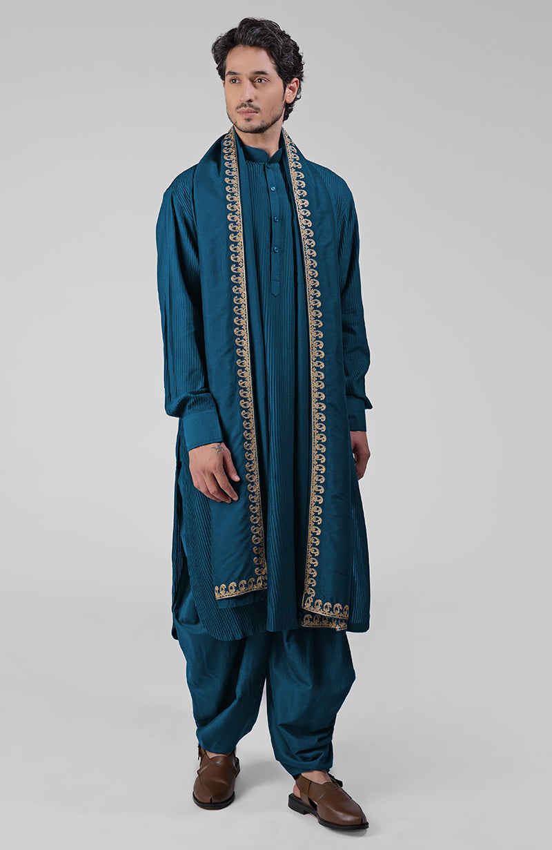 Teal Pintuck Pathani Kurta Salwar Set & Tilla Embroidered Dupatta