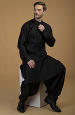 Classic Black Silk Pathani Kurta Set