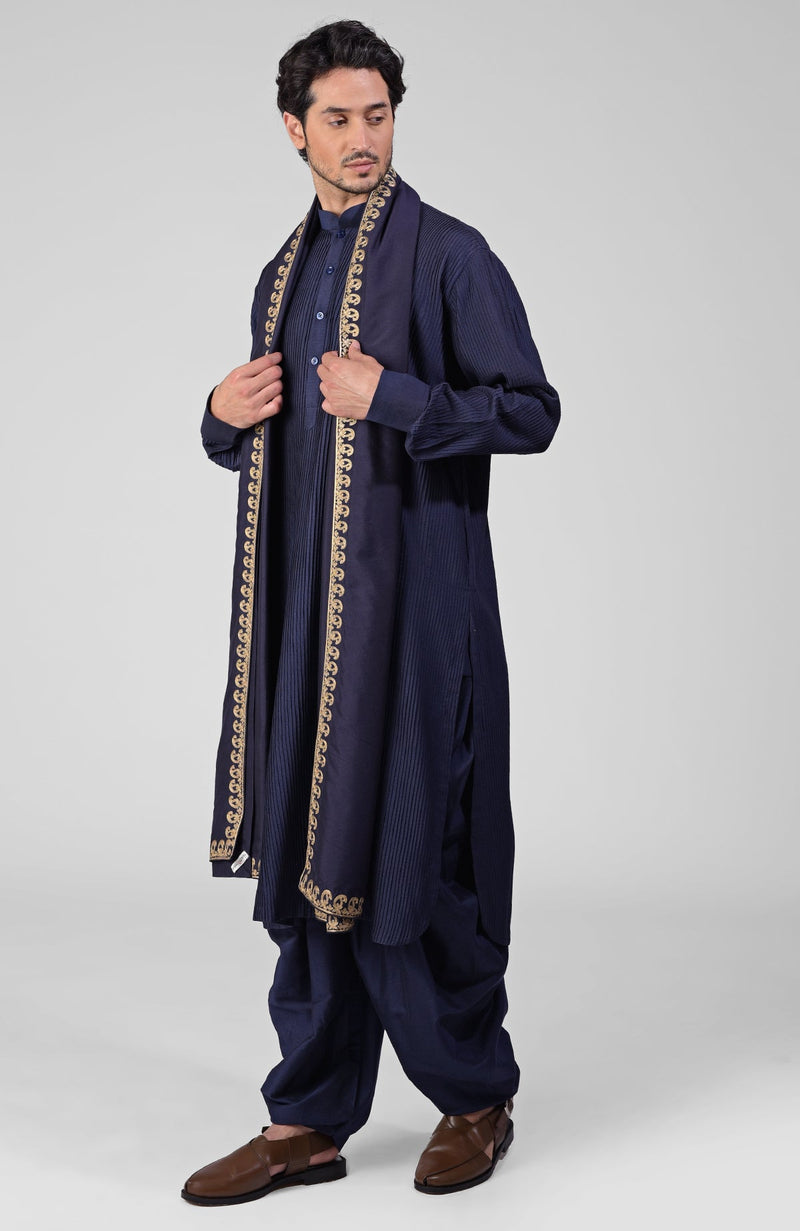 Teal Pintuck Pathani Kurta Salwar Set & Tilla Embroidered Dupatta