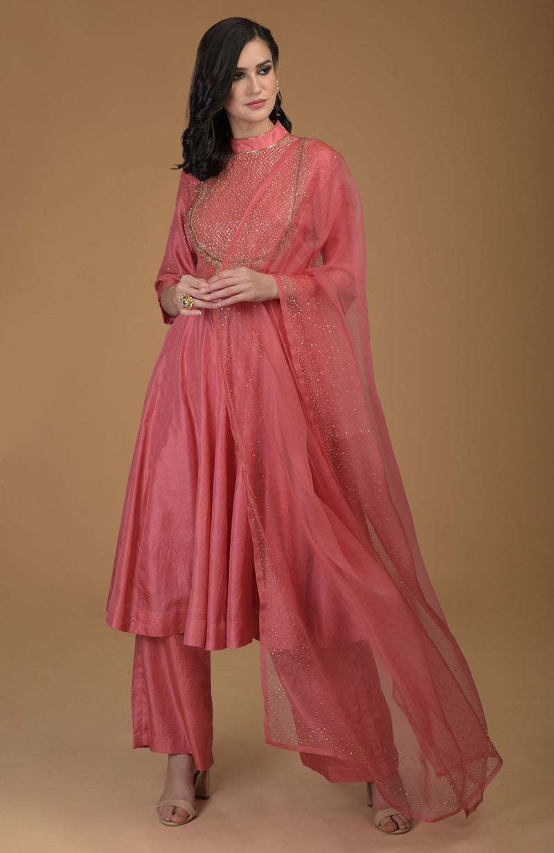 Peach Echo Inara Zardozi Hand Embroidered Kalidaar Suit