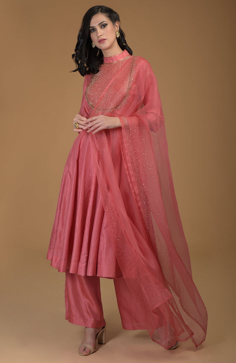Peach Echo Inara Zardozi Hand Embroidered Kalidaar Suit