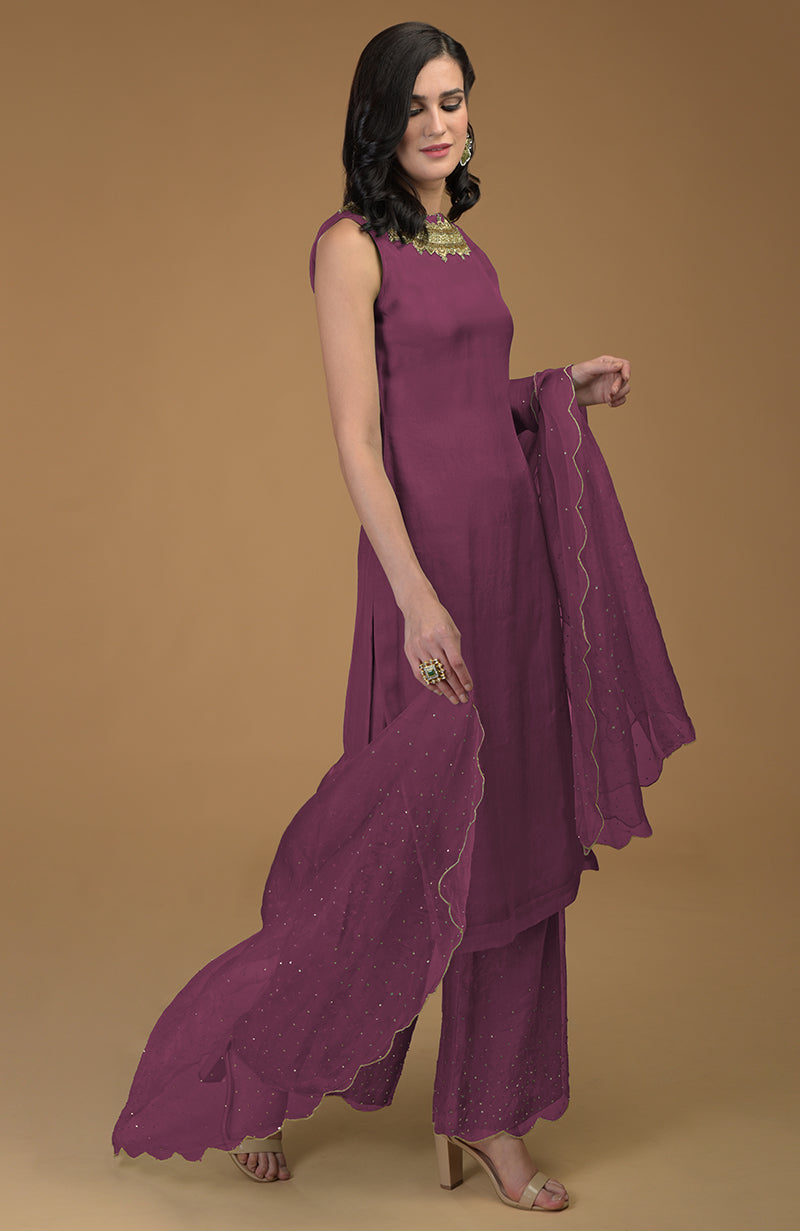 Burgundy Purple  Inara  Zardozi Hand Embroidered Kurta Set