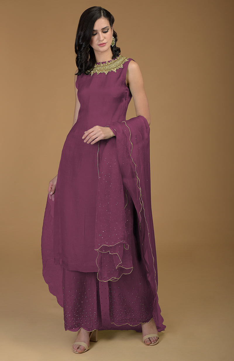 Burgundy Purple  Inara  Zardozi Hand Embroidered Kurta Set