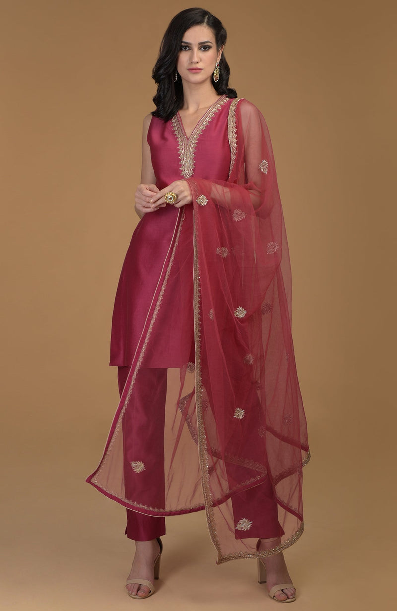Ruby Red Zardozi Hand Embroidered Suit