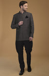 Charcoal Grey Pintuck Pure Raw Silk Bandhgala Jacket Set