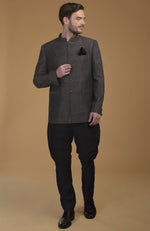 Charcoal Grey Pintuck Pure Raw Silk Bandhgala Jacket Set