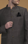 Charcoal Grey Pintuck Pure Raw Silk Bandhgala Jacket Set