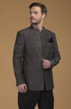 Charcoal Grey Pintuck Pure Raw Silk Bandhgala Jacket Set