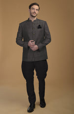 Charcoal Grey Pintuck Pure Raw Silk Bandhgala Jacket Set