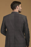 Charcoal Grey Pintuck Pure Raw Silk Bandhgala Jacket Set