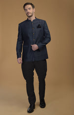 Charcoal Grey Pintuck Pure Raw Silk Bandhgala Jacket Set