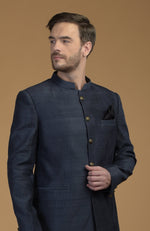 Orion Blue Pintuck Pure Raw Silk Bandhgala Jacket Set