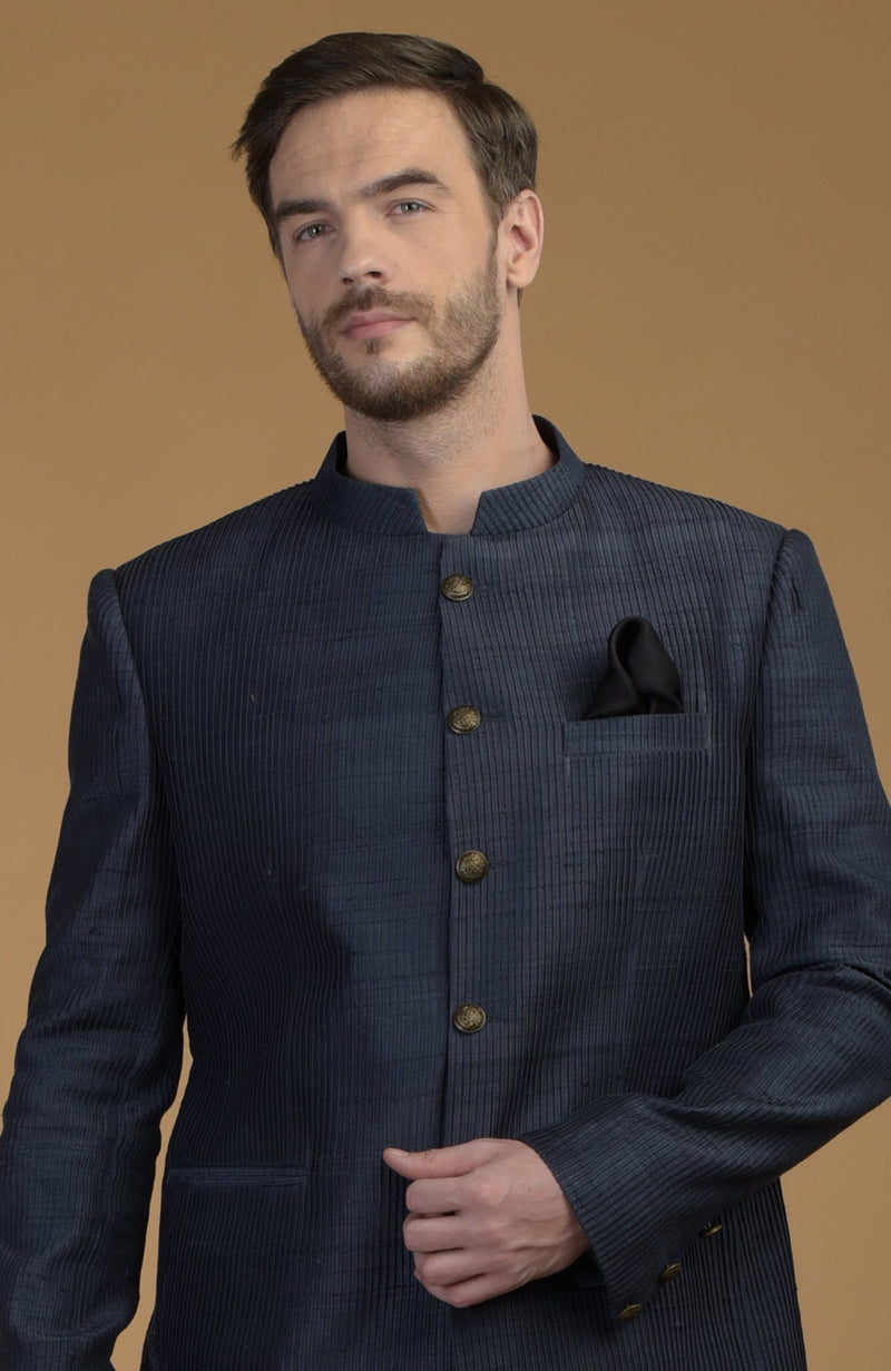 Orion Blue Pintuck Pure Raw Silk Bandhgala Jacket Set