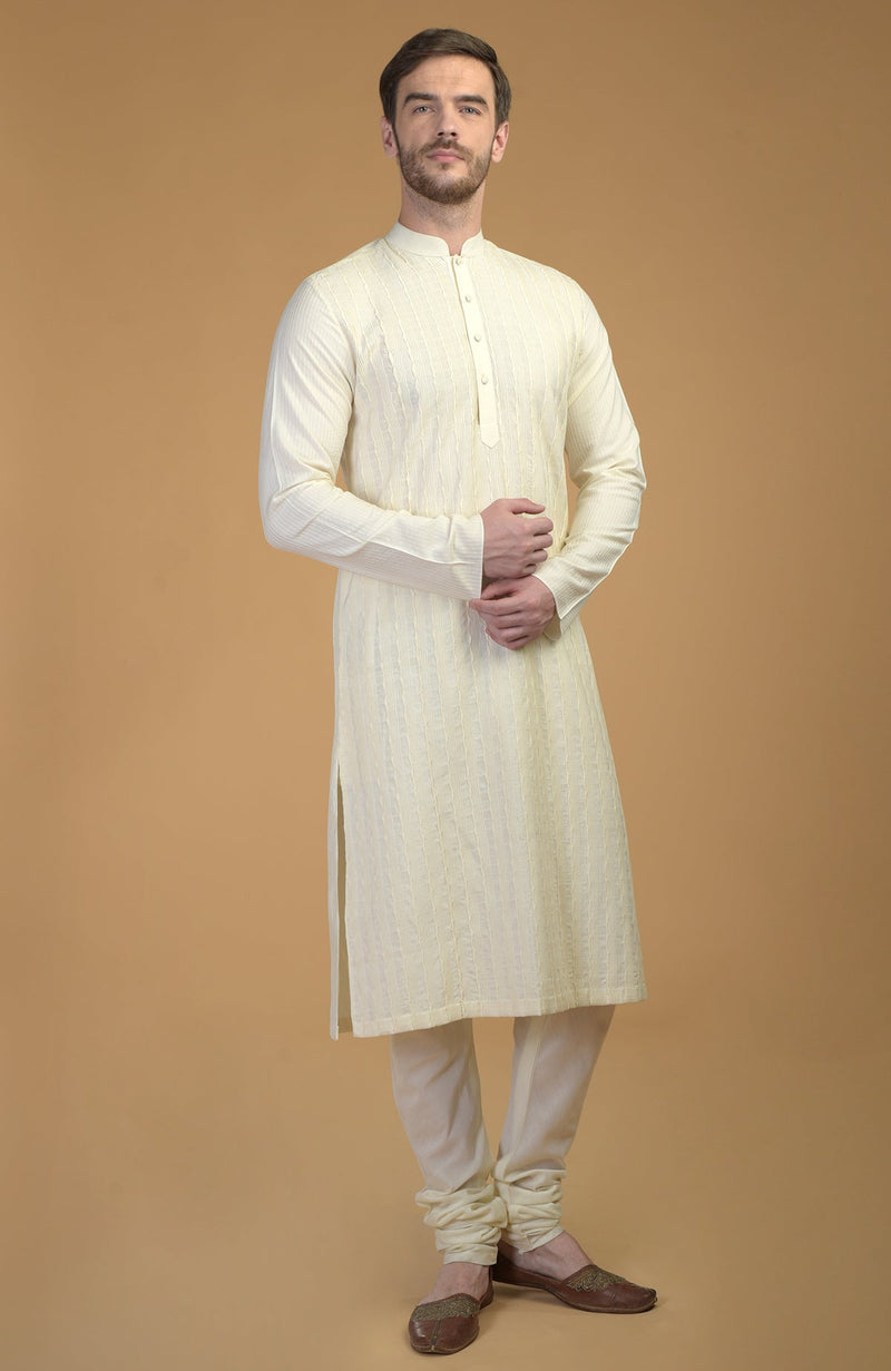 Cream Kurta With Pintuck & Kantha Detail