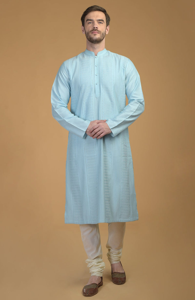 Ice Blue Kurta With Pintuck & Kantha Detail