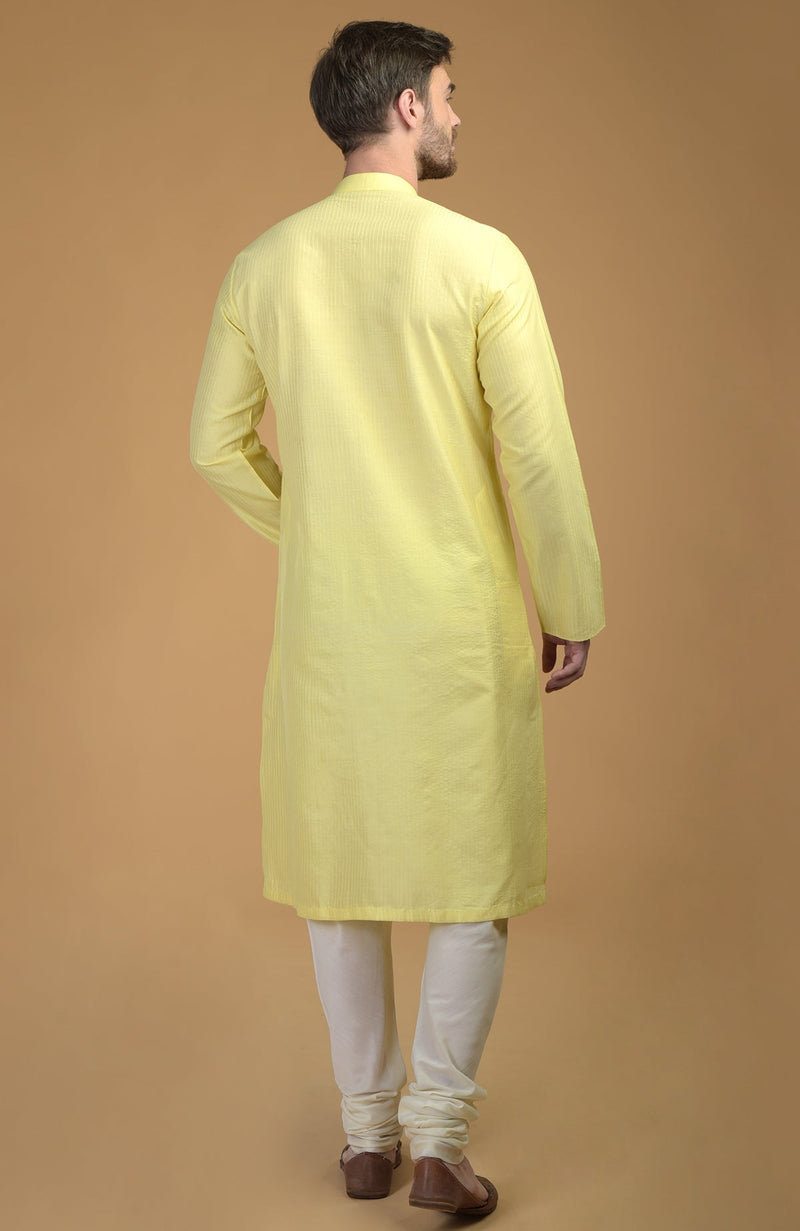 Lemon Yellow Kurta With Pintuck & Kantha Detail