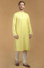 Lemon Yellow Kurta With Pintuck & Kantha Detail