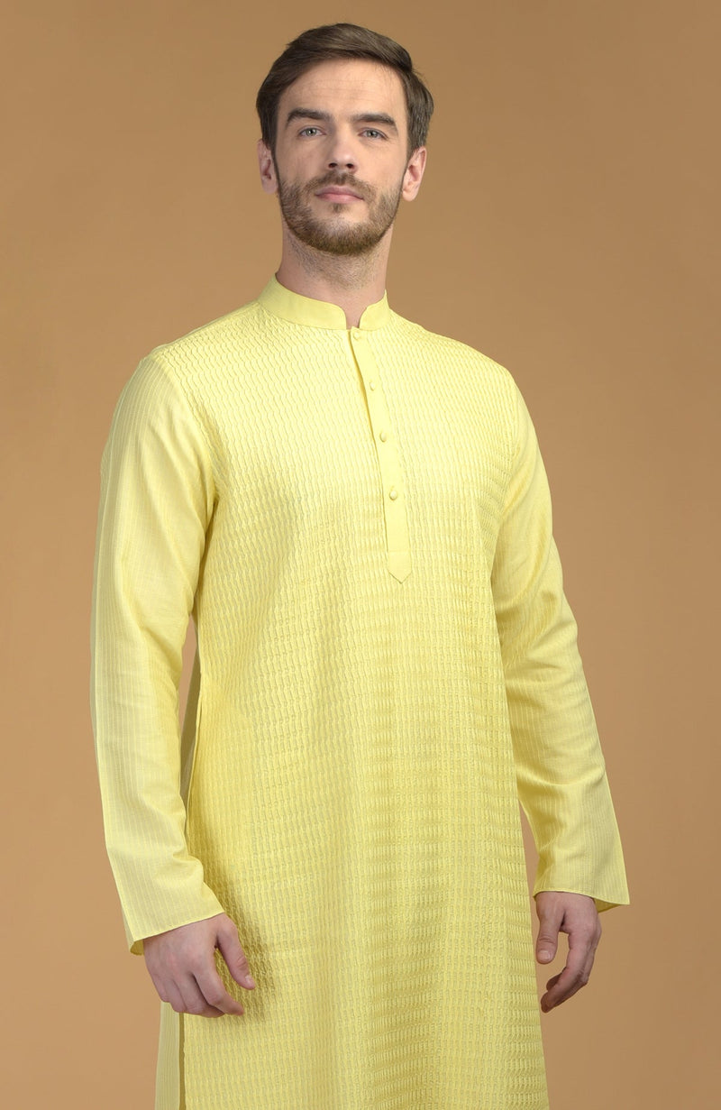 Lemon Yellow Kurta With Pintuck & Kantha Detail