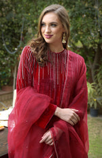 Cherry Red Crystal and Beads Shower Hand Embroidered Kurta Set