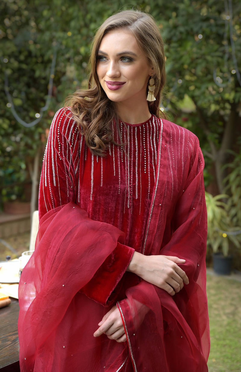 Cherry Red Crystal and Beads Shower Hand Embroidered Kurta Set