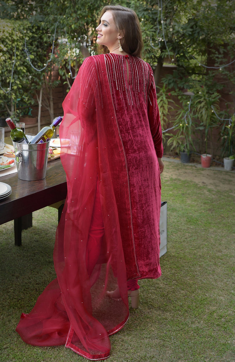 Cherry Red Crystal and Beads Shower Hand Embroidered Kurta Set