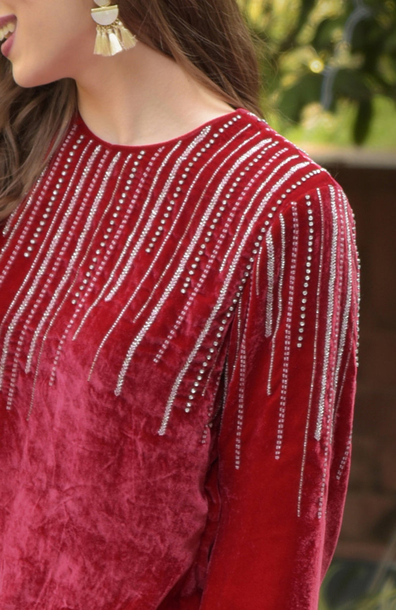 Cherry Red Crystal and Beads Shower Hand Embroidered Kurta Set