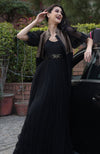 Autumn Gold Brocade Sheer Jacket and Black Chiffon Noodle Strap Dress