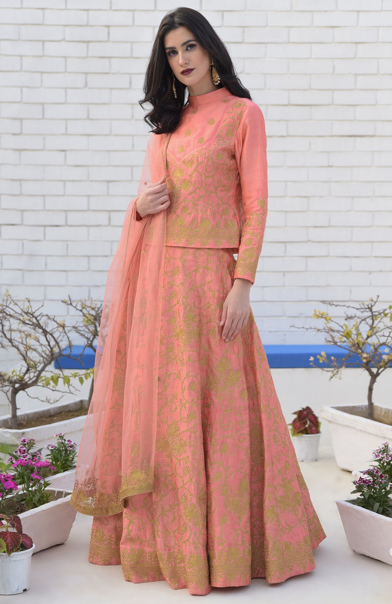 Peach Echo Kashmiri Chinar Tilla Embroidered Lehenga Set