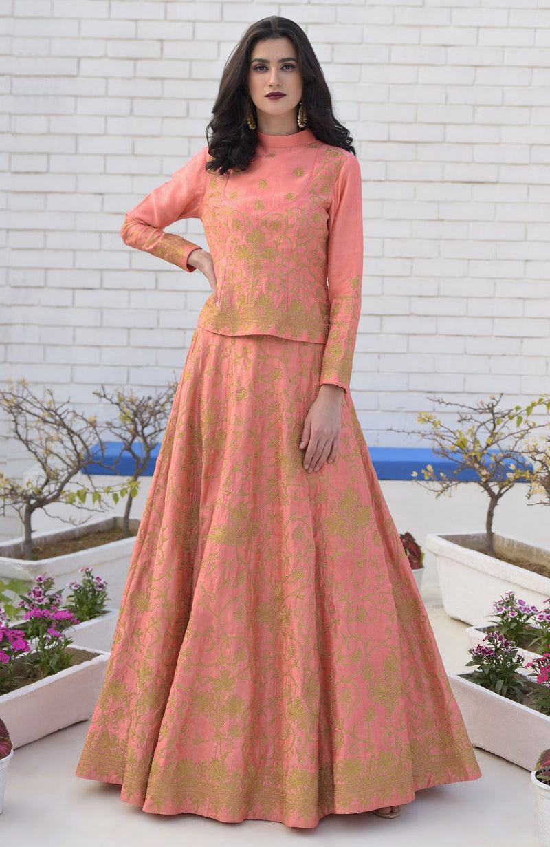 Peach Echo Kashmiri Chinar Tilla Embroidered Lehenga Set