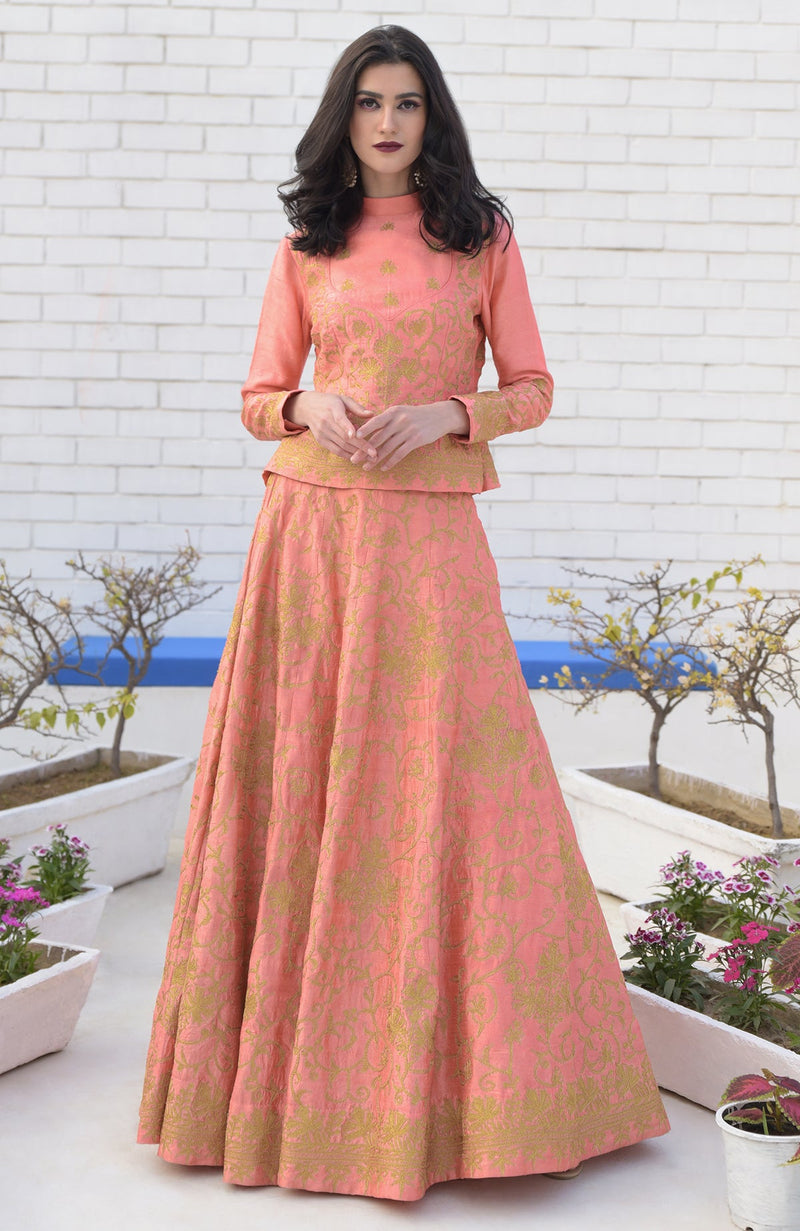 Peach Echo Kashmiri Chinar Tilla Embroidered Lehenga Set