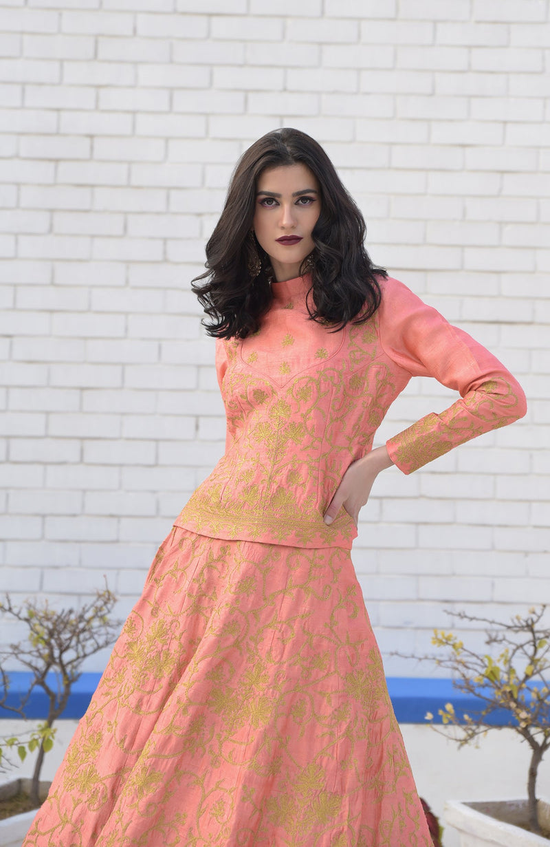 Peach Echo Kashmiri Chinar Tilla Embroidered Lehenga Set