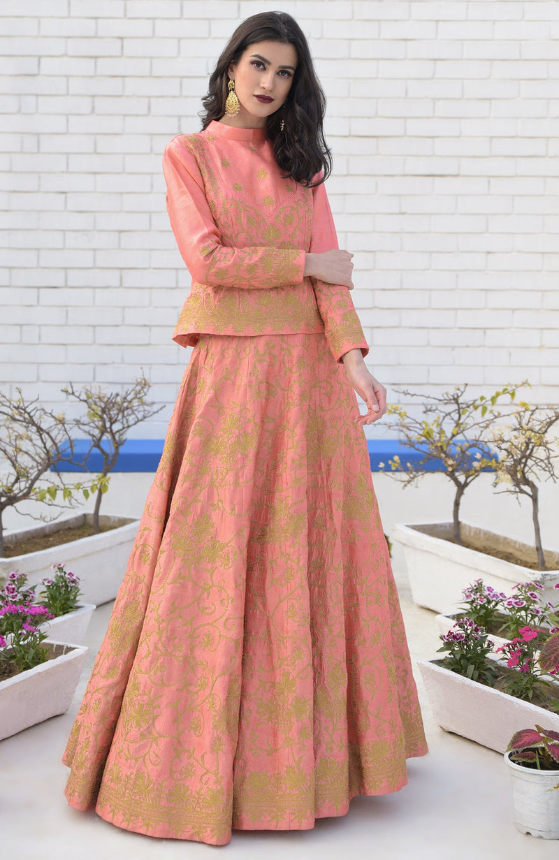 Peach Echo Kashmiri Chinar Tilla Embroidered Lehenga Set