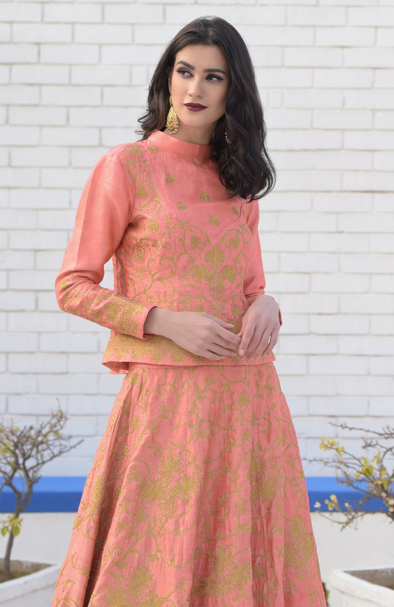 Peach Echo Kashmiri Chinar Tilla Embroidered Lehenga Set