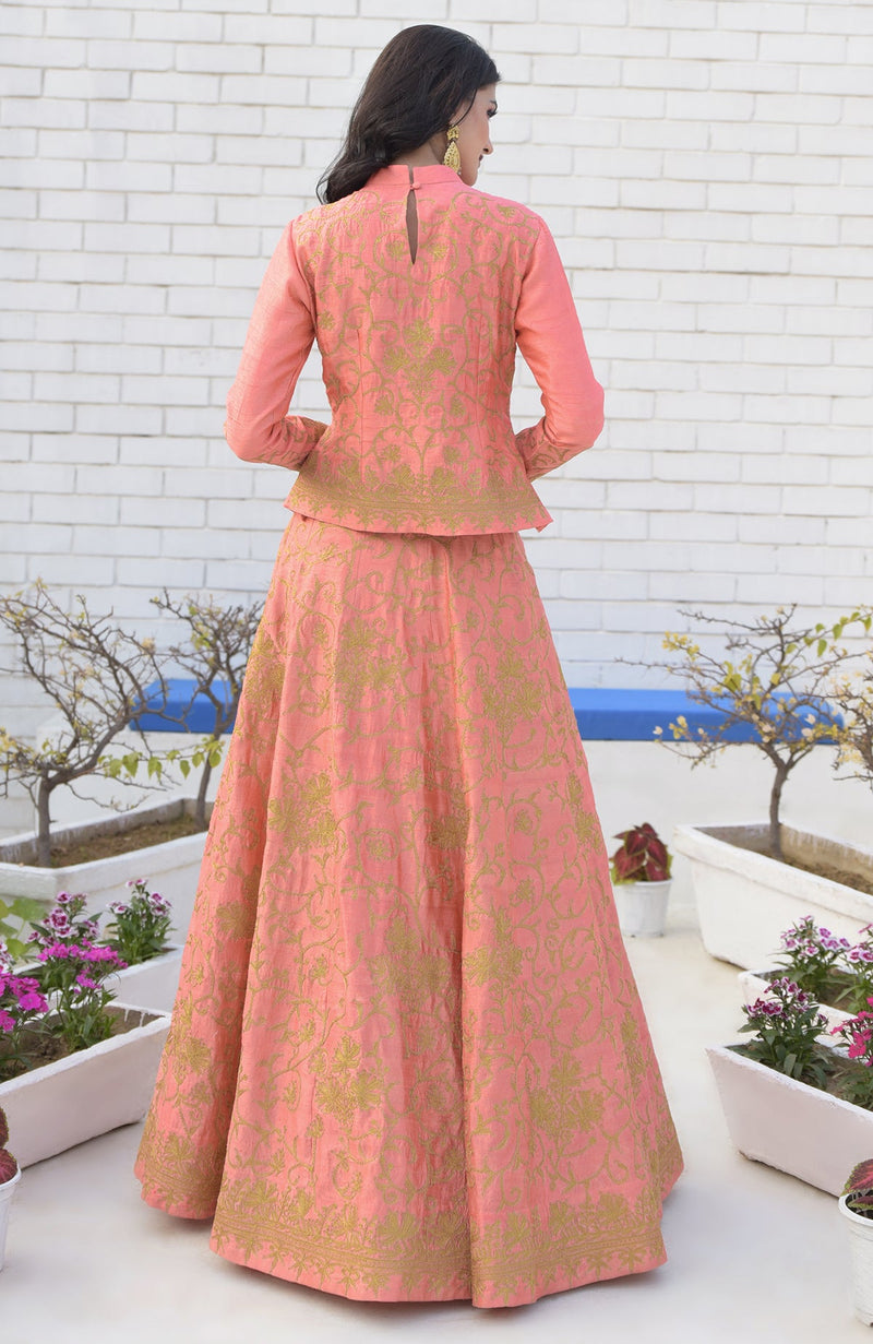 Peach Echo Kashmiri Chinar Tilla Embroidered Lehenga Set