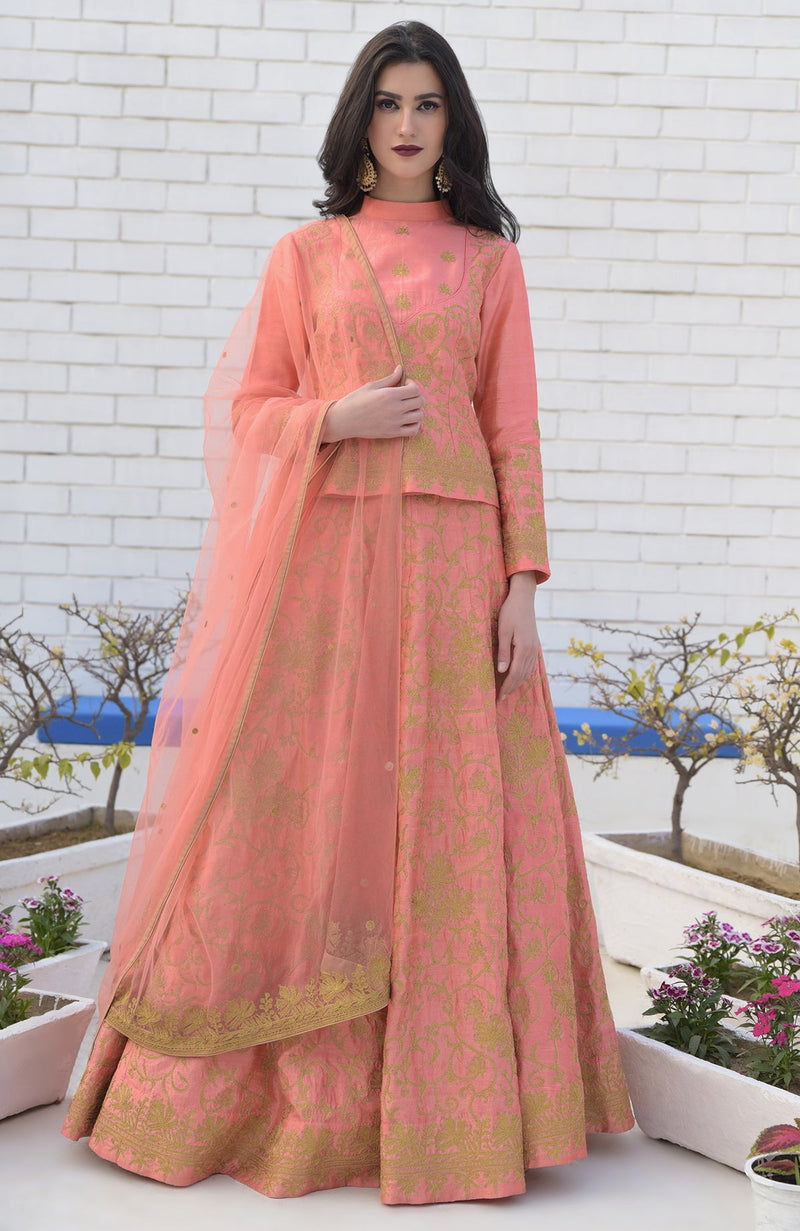 Peach Echo Kashmiri Chinar Tilla Embroidered Lehenga Set