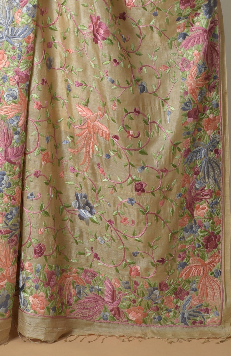 Pre-Order Masterpiece Fawn Parsi Gara Hand Embroidered Dupatta