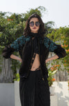 Flower Chakra Black- Blue 3D Hand Embroidered Organza Bomber Jacket