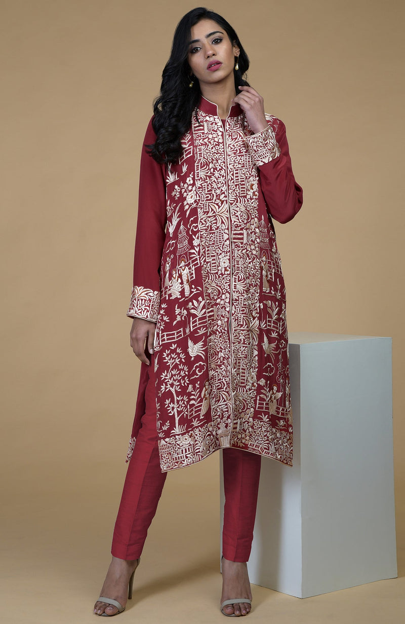 Shiraz Red Parsi Gara Embroidered Jacket Set