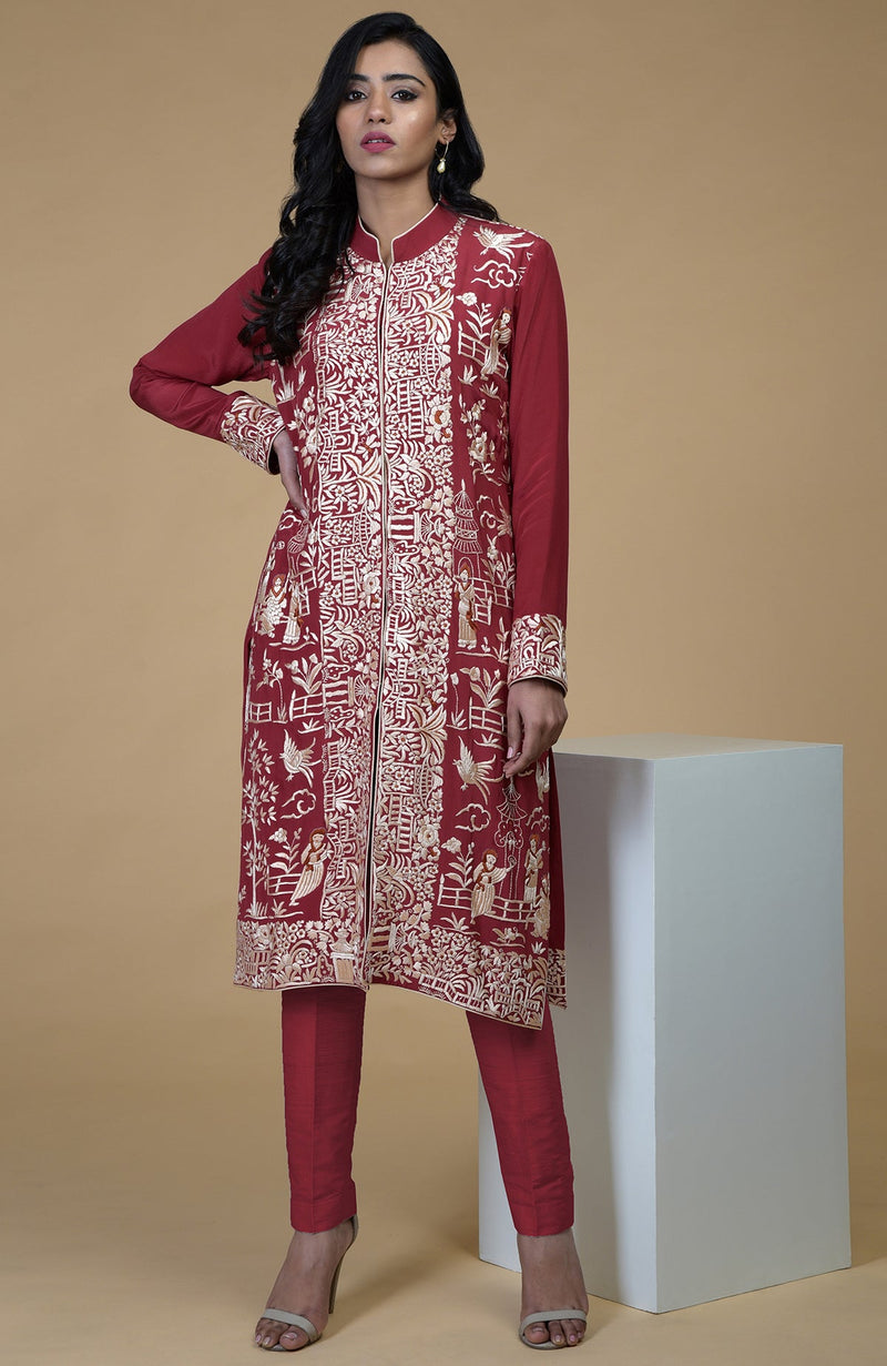 Shiraz Red Parsi Gara Embroidered Jacket Set