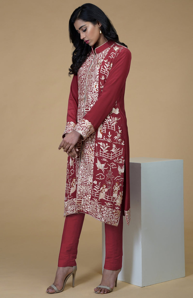 Shiraz Red Parsi Gara Embroidered Jacket Set