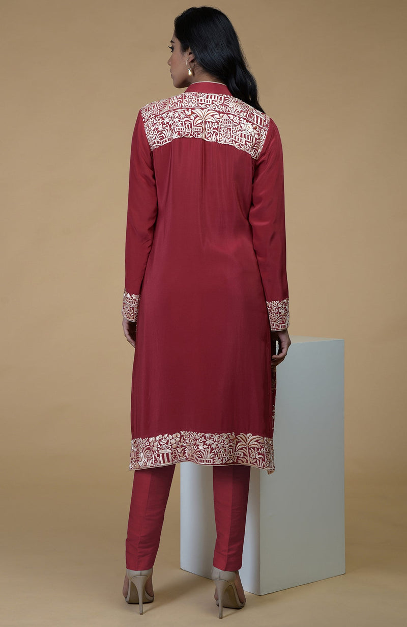 Shiraz Red Parsi Gara Embroidered Jacket Set