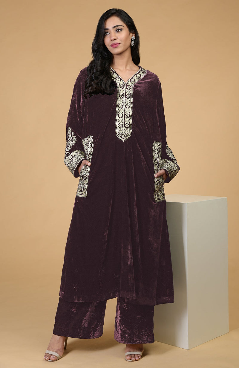 Mulled Wine Kashmiri Tilla Embroidered Choga Kurta Set