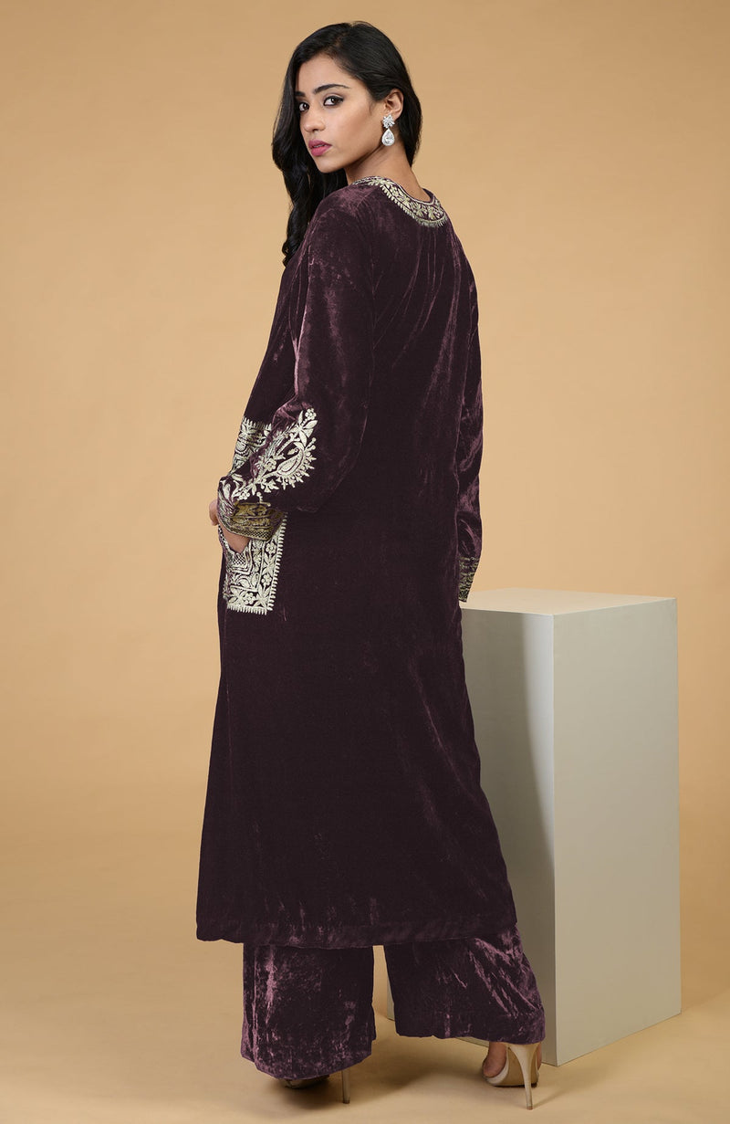 Mulled Wine Kashmiri Tilla Embroidered Choga Kurta Set