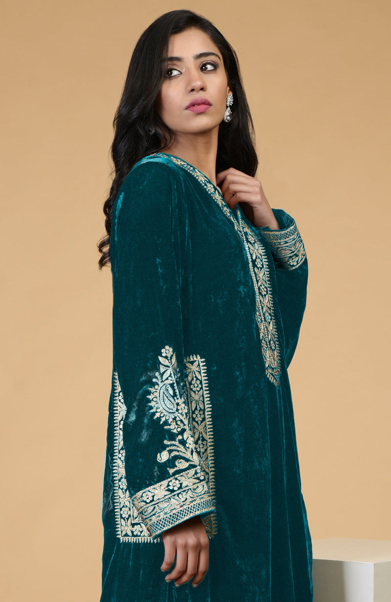 Teal Kashmiri Tilla Embroidered Choga Kurta Set