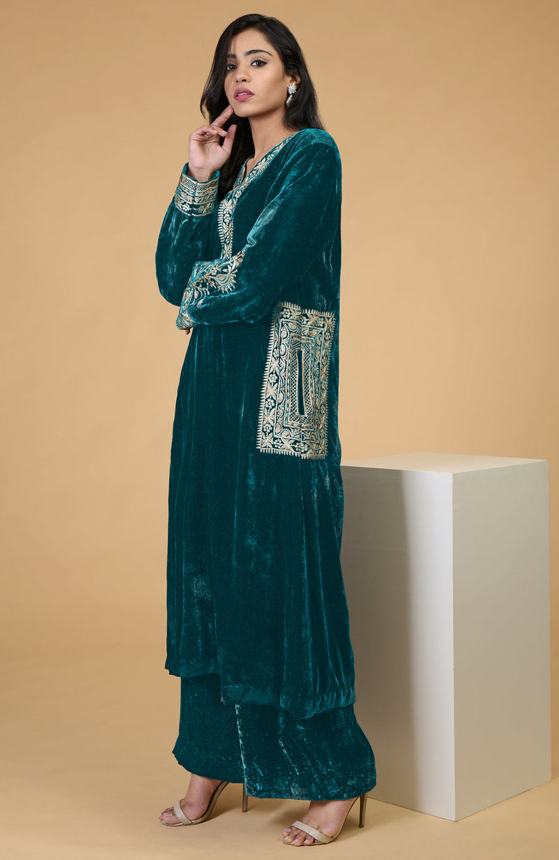 Teal Kashmiri Tilla Embroidered Choga Kurta Set