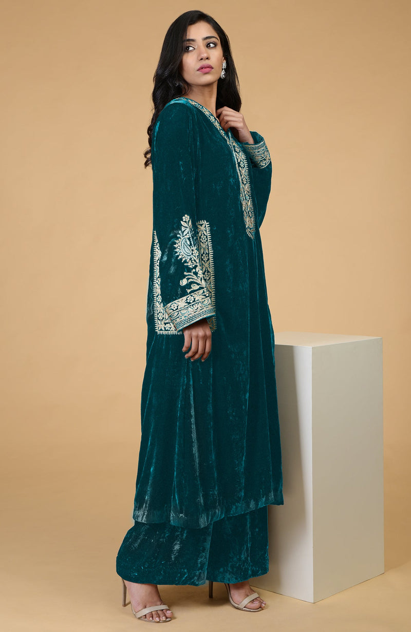 Teal Kashmiri Tilla Embroidered Choga Kurta Set
