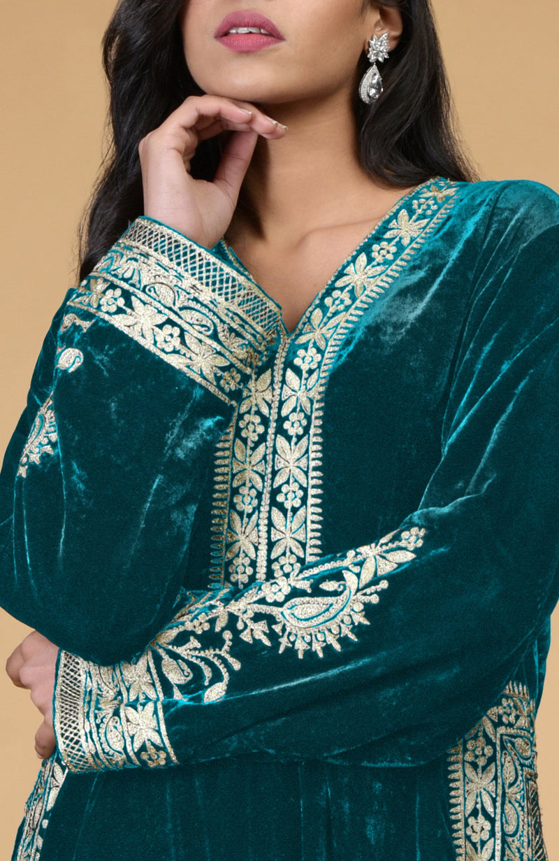 Teal Kashmiri Tilla Embroidered Choga Kurta Set
