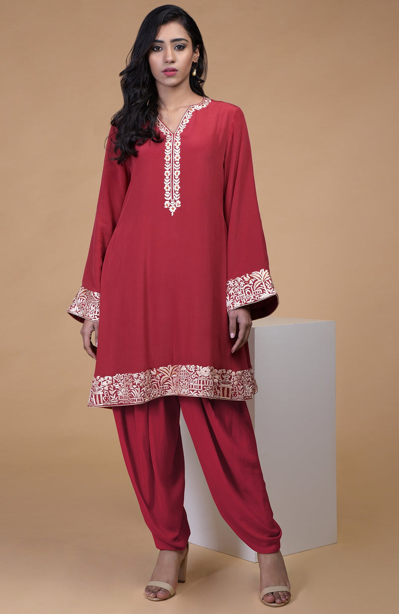 Shiraz Red Parsi Gara Embroidered Kurta Set